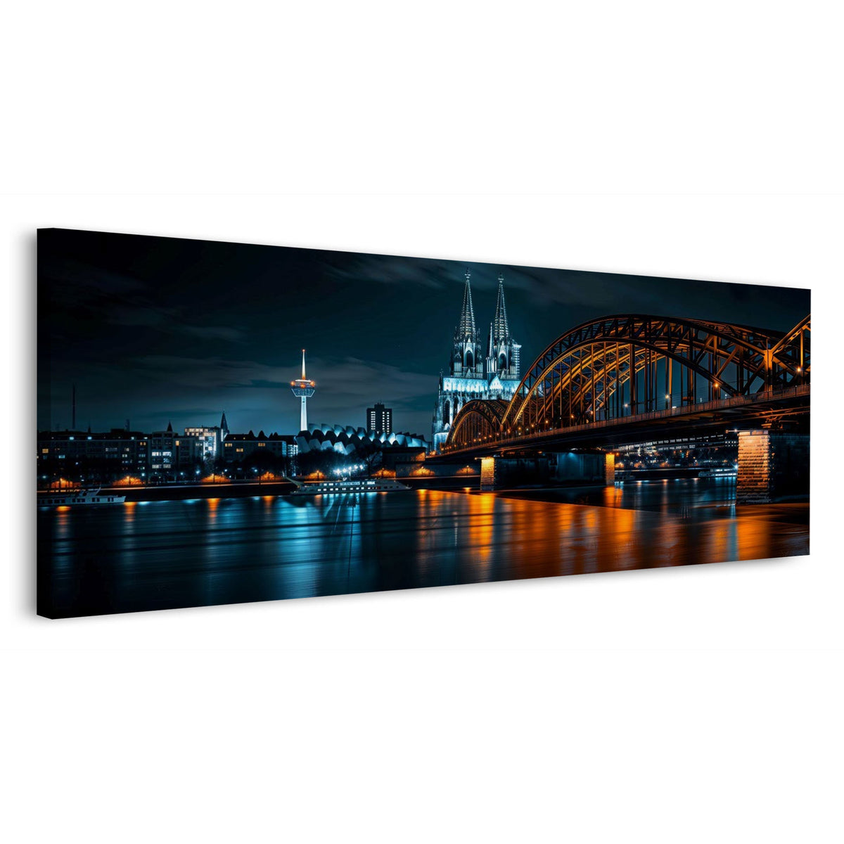 Panorama Wandbild Köln bei Nacht mit goldenem Licht auf dem Rhein