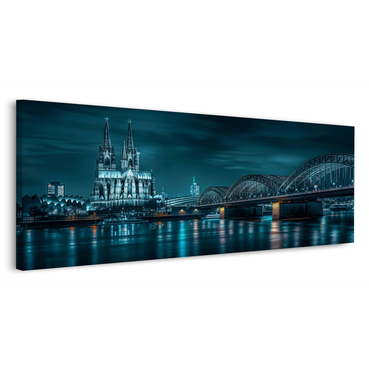 Panorama Wandbild Köln in kühlem Blau mit Dom und Rheinbrücke