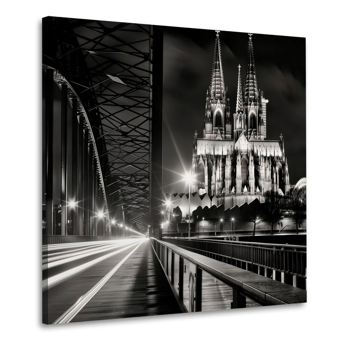 Wandbild Kölner Dom mit Lichtspuren auf der Brücke in Schwarz Weiß