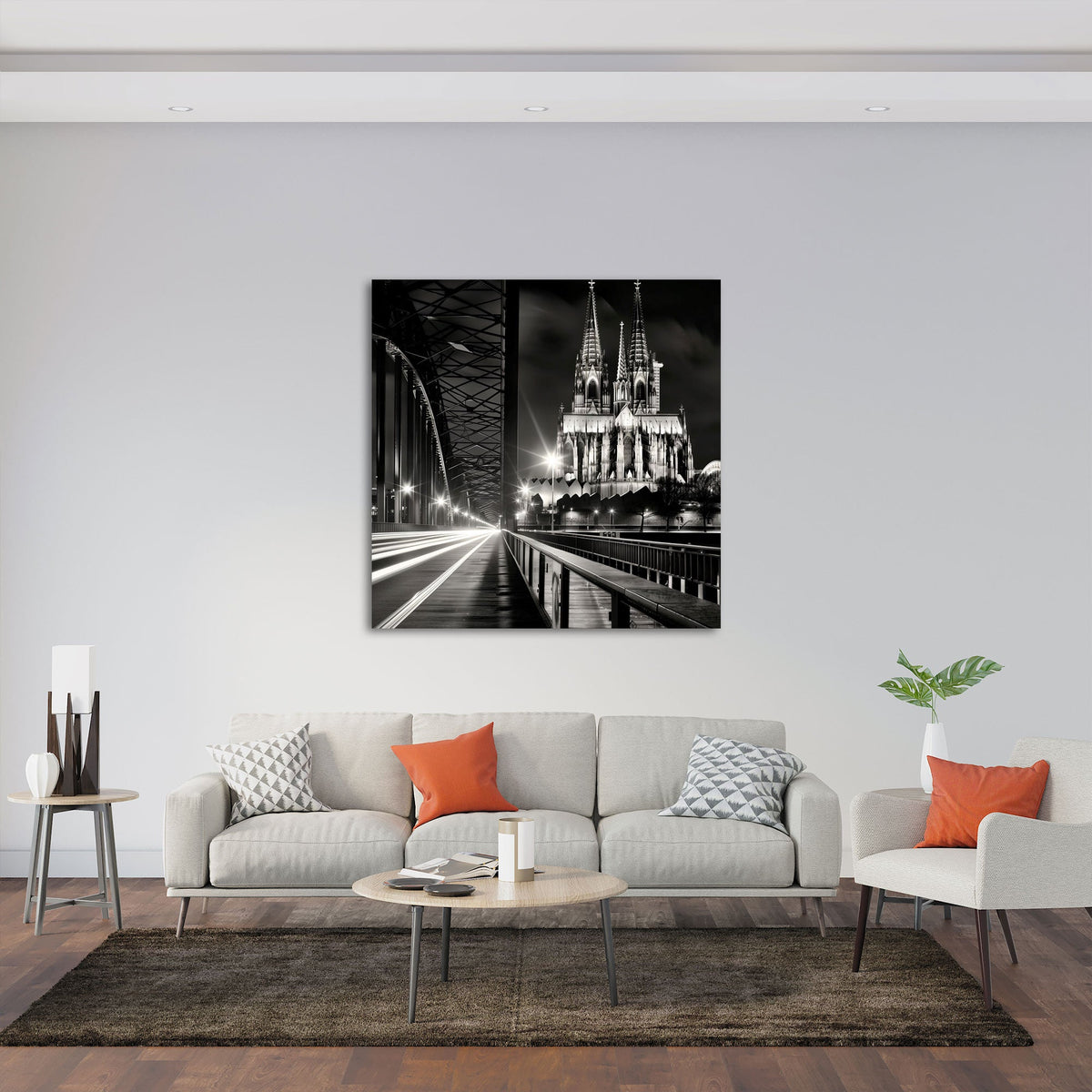 Quadratisches Schwarz Weiß Wandbild im Wohnzimmer
