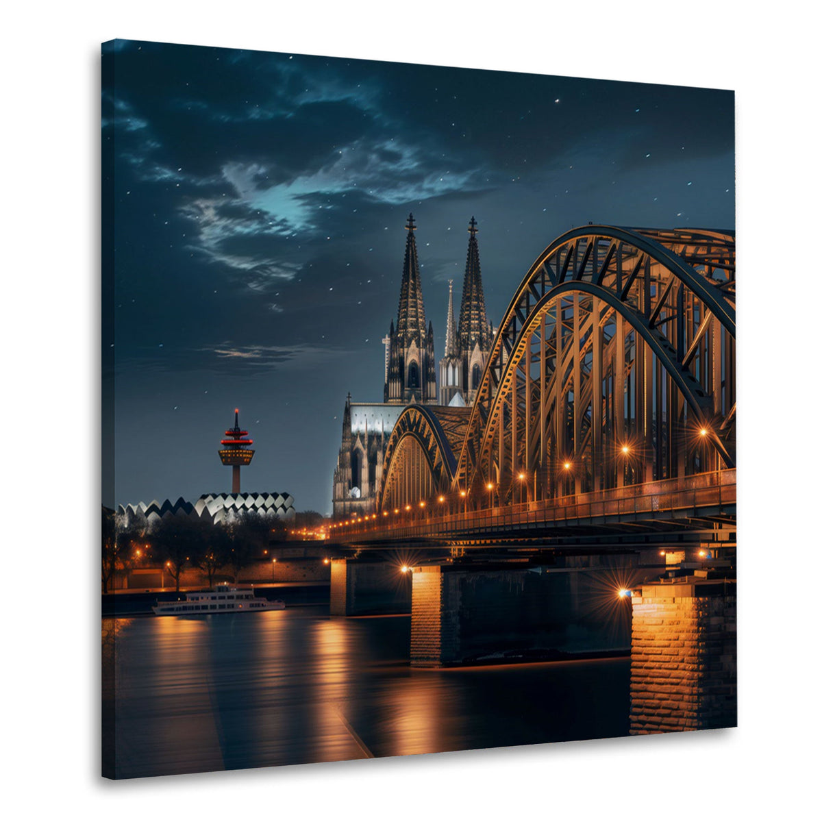 Wandbild Kölner Dom und Brücke unter dramatischem Nachthimmel