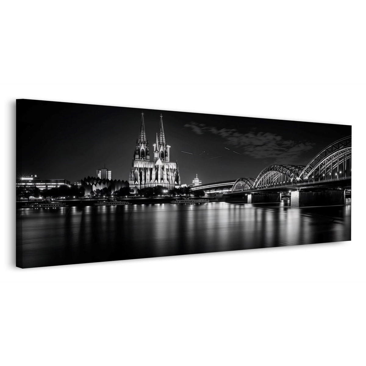 Panorama Wandbild Kölner Dom und Rheinbrücke in Schwarz Weiß