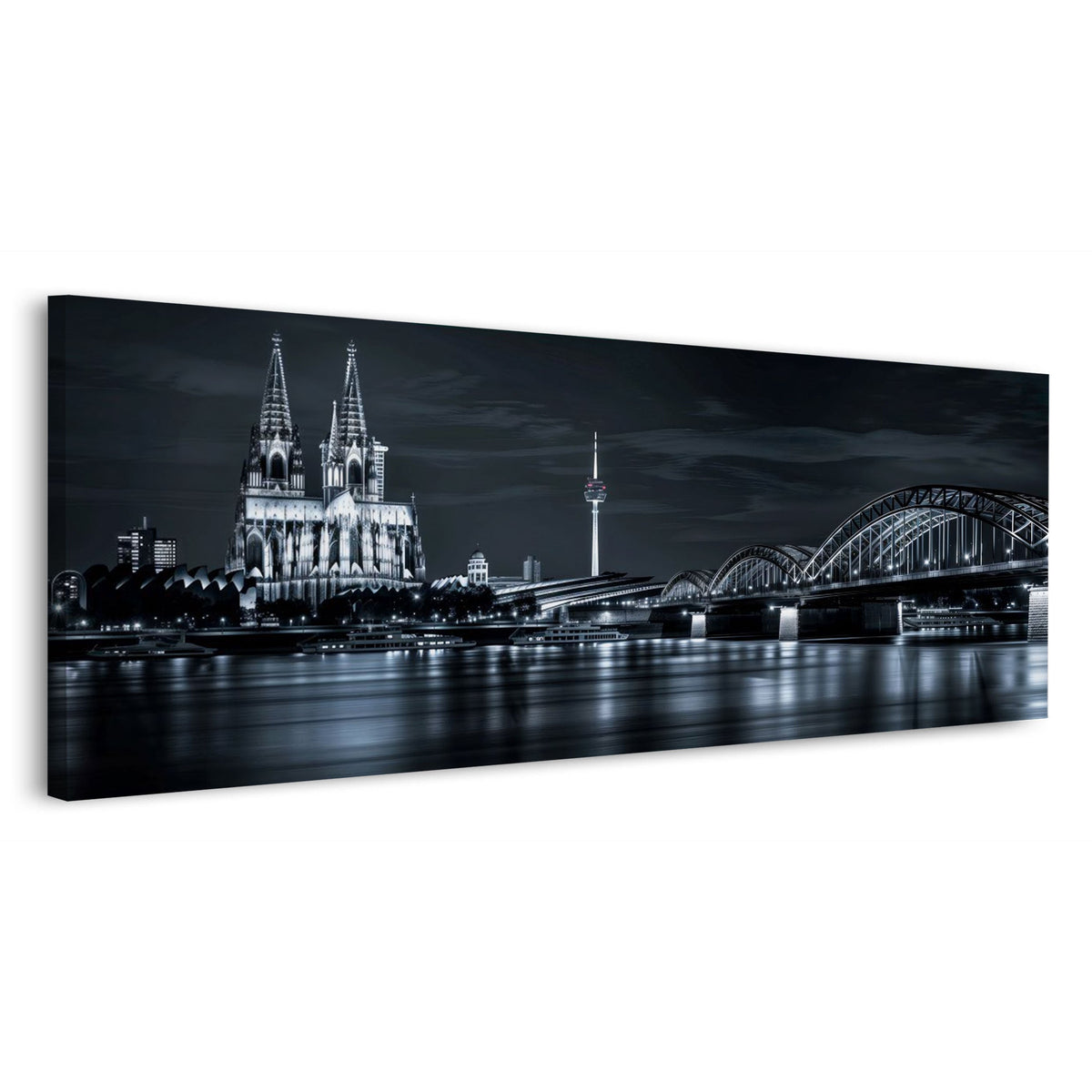 Panorama Wandbild Kölner Skyline mit Dom und Fernsehturm bei Nacht