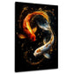Zwei Koi Fische in Yin-Yang-Anordnung mit goldenen Tropfen auf Schwarz – Wandbild im Hochformat