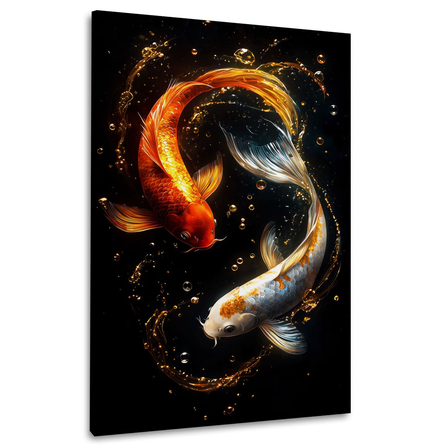 Zwei Koi Fische in Yin-Yang-Anordnung mit goldenen Tropfen auf Schwarz – Wandbild im Hochformat