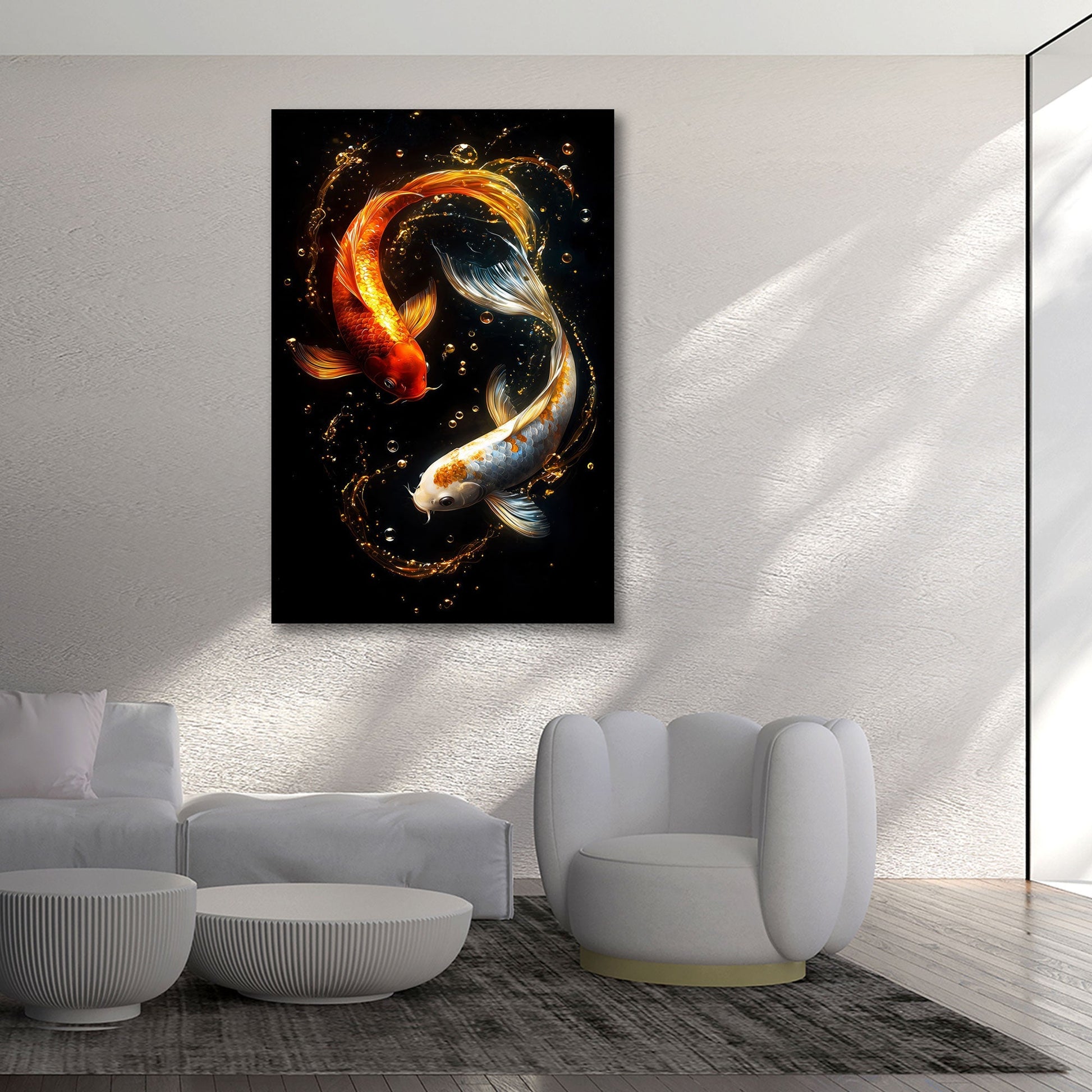 Koi Wandbild in Schwarz und Gold über dem Sofa im Wohnzimmer