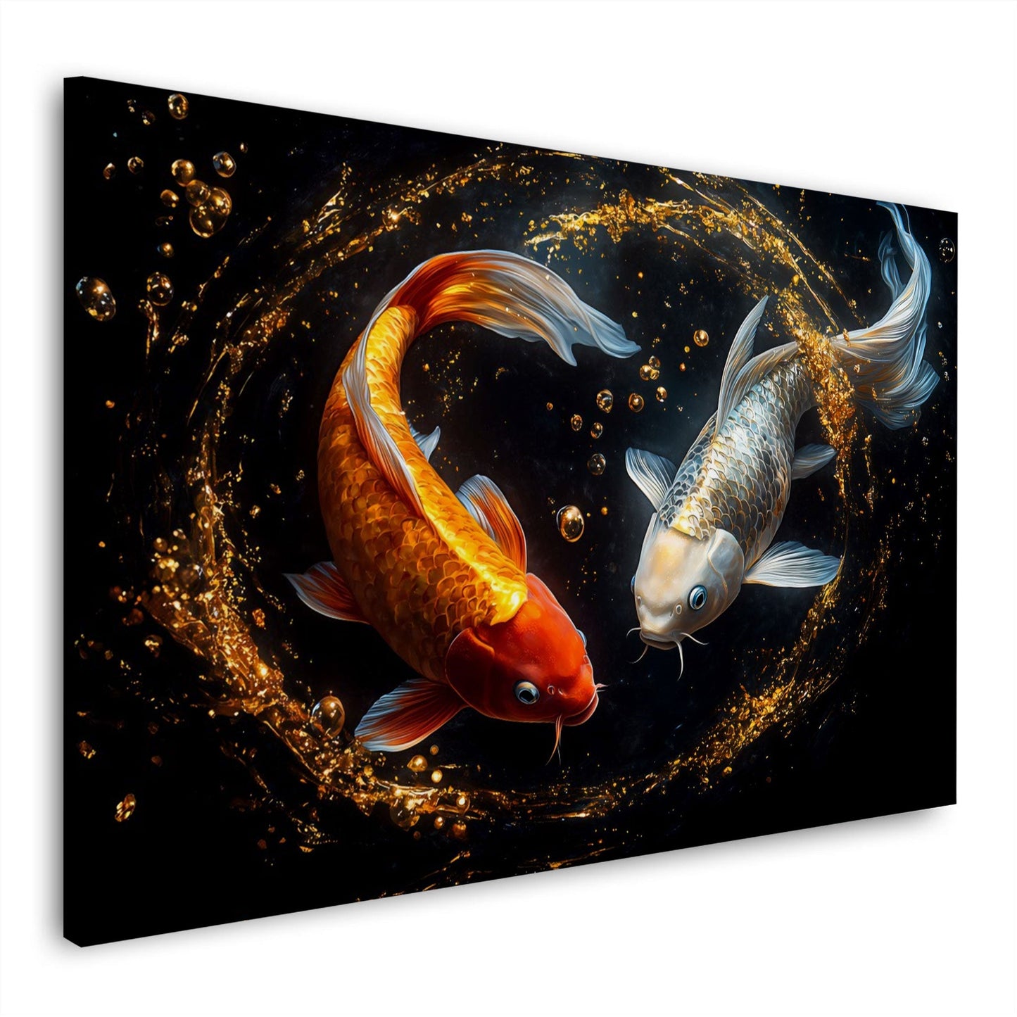 Koi Paar in Yin-Yang-Anordnung mit goldenen Wasserspritzern – Wandbild im Querformat