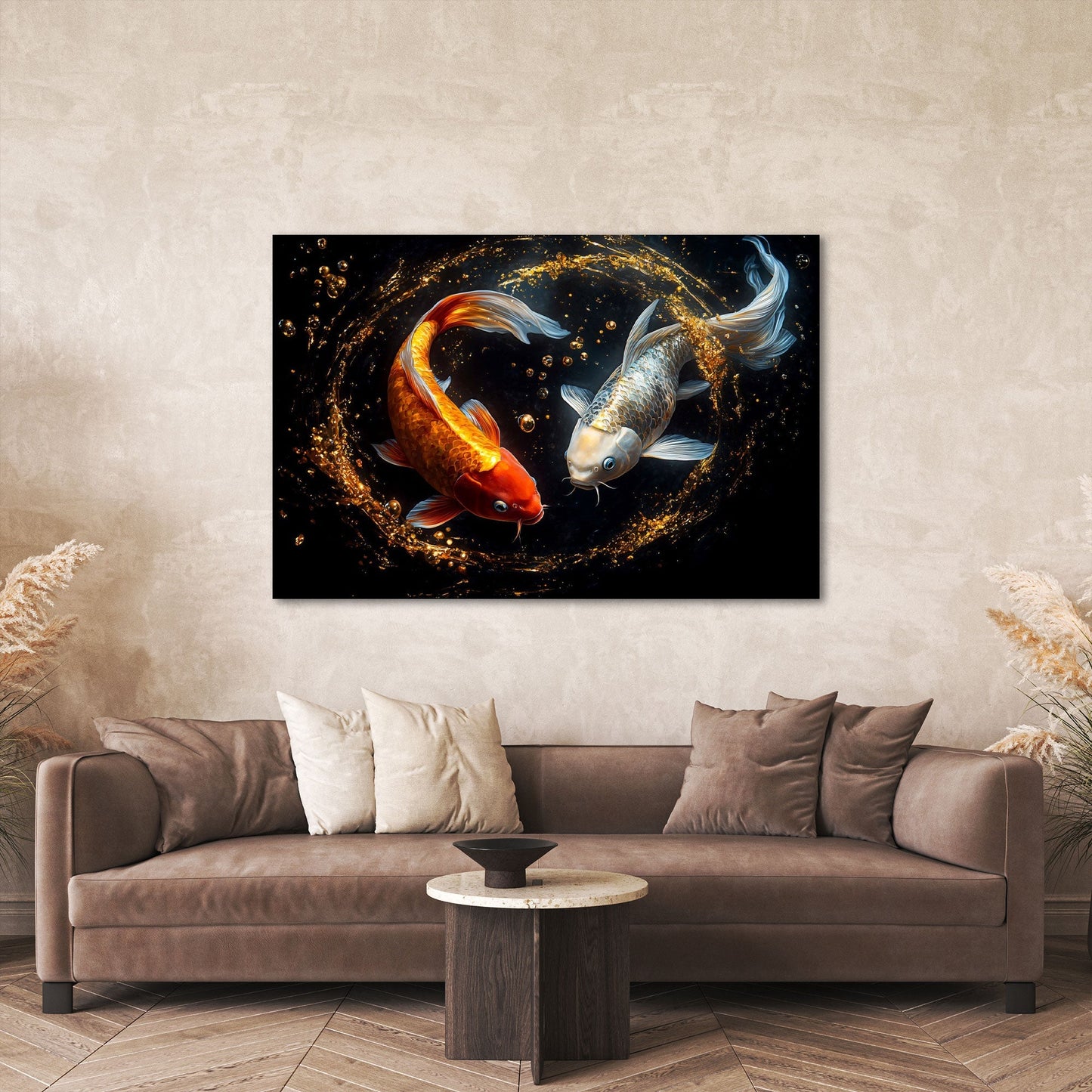 Koi Paar Wandbild über der Couch im Wohnzimmer