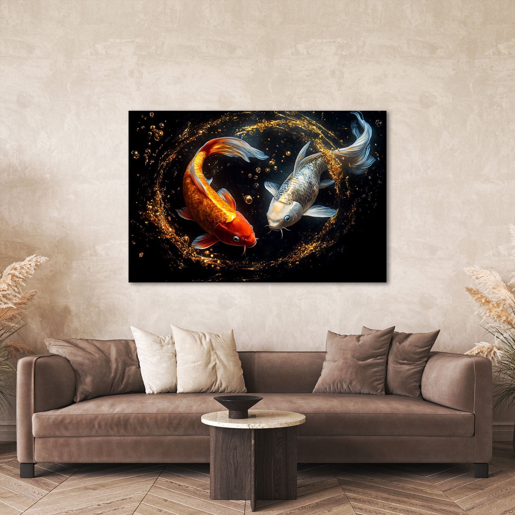 Koi Paar Wandbild über der Couch im Wohnzimmer