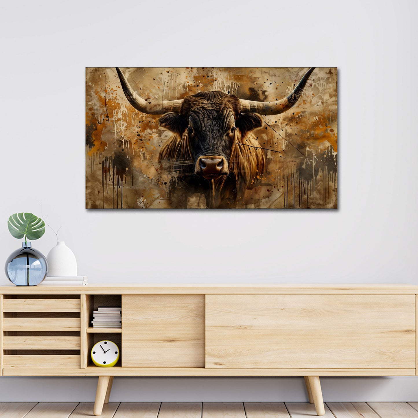 Kraftvoller Longhorn Bulle frontal abstrakt Wandbild