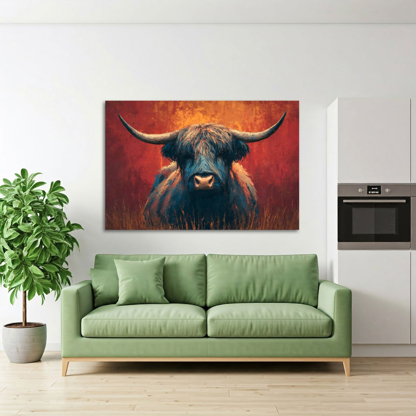 Hochlandrind Porträt in Rot und Orange expressives Wandbild