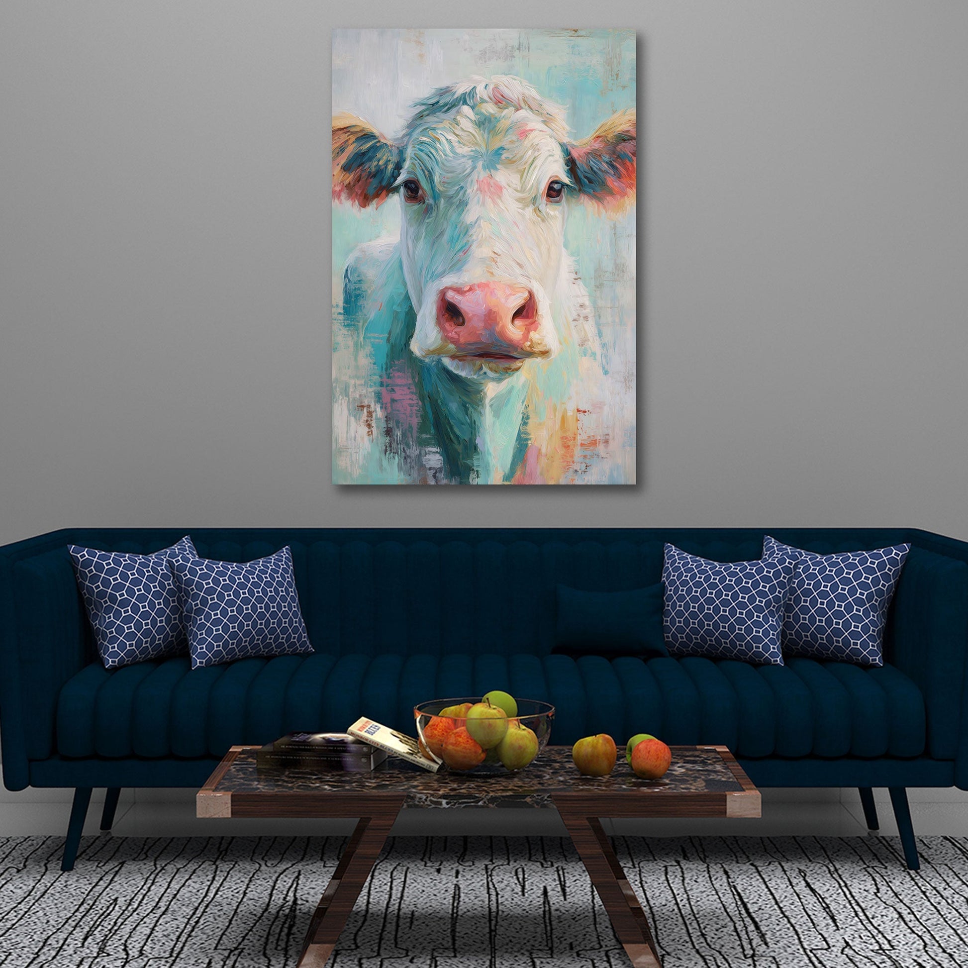 Kuh Wandbild als Blickfang über dem Sofa im Wohnzimmer