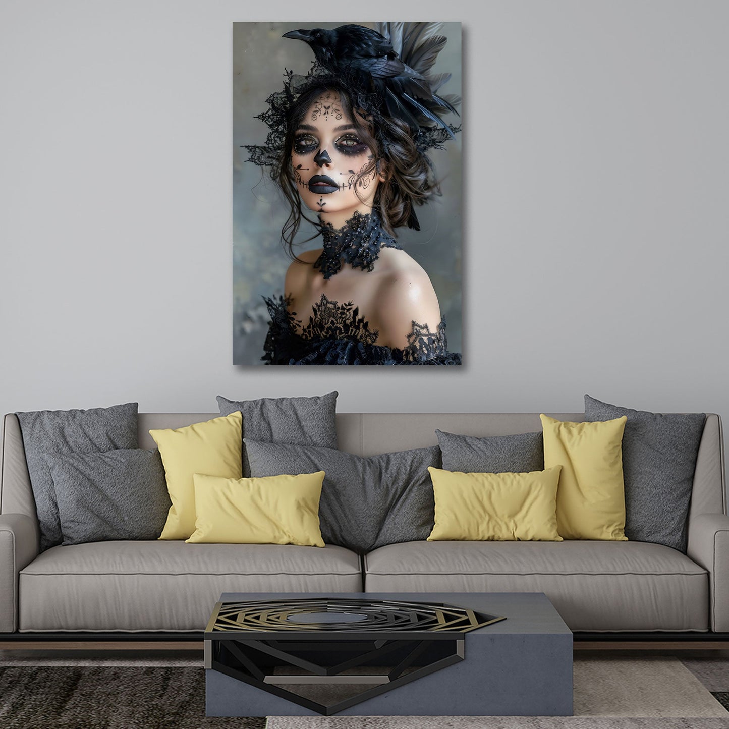 La Catrina Frauenporträt mit Rabe mystisches Wandbild