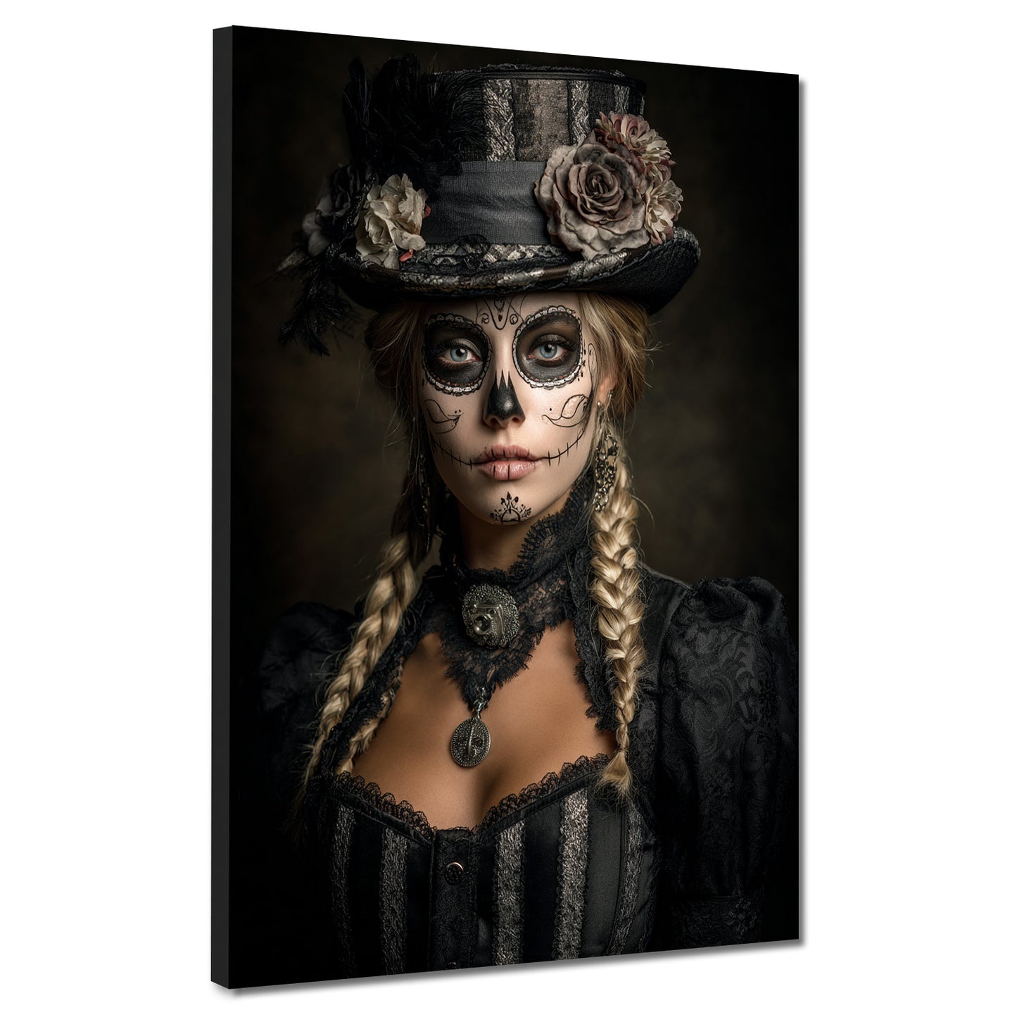 La Catrina mit Zöpfen, Schmuck und Korsett Wandbild