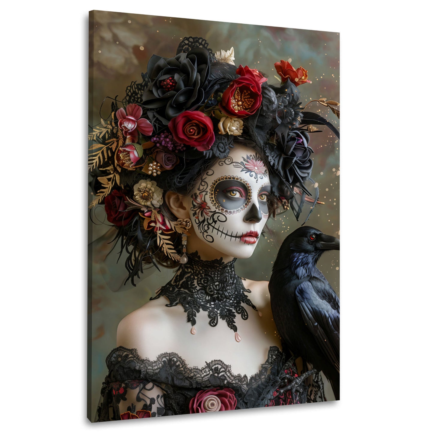 La Catrina Porträt mit Rabe Blumenkranz elegantes Wandbild