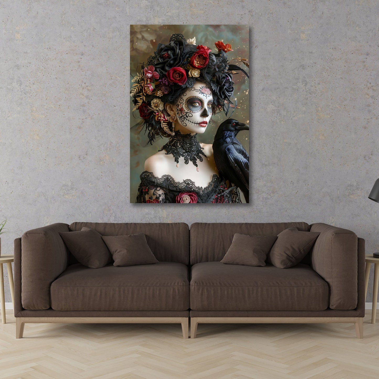 La Catrina Porträt mit Rabe Blumenkranz elegantes Wandbild