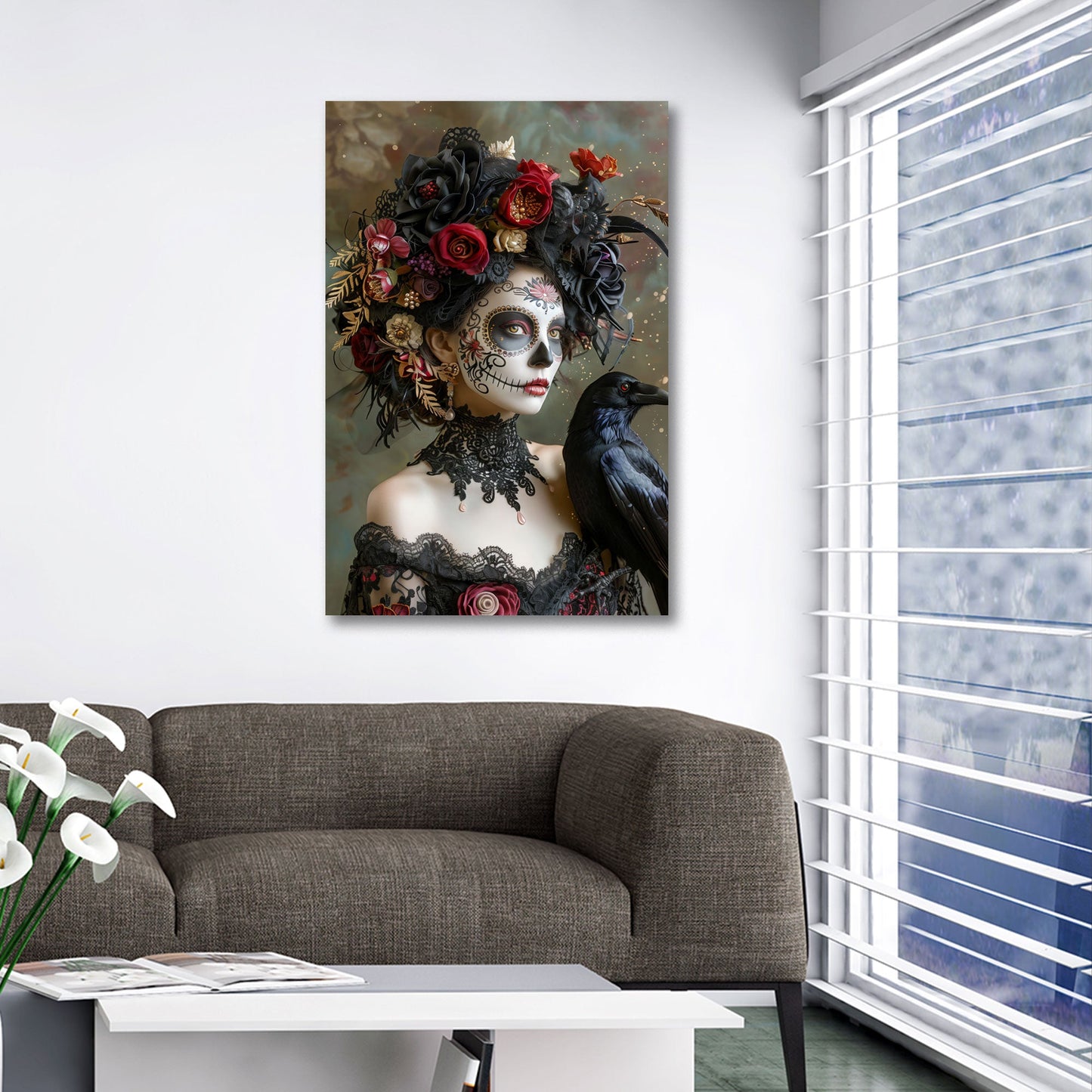 La Catrina Porträt mit Rabe Blumenkranz elegantes Wandbild