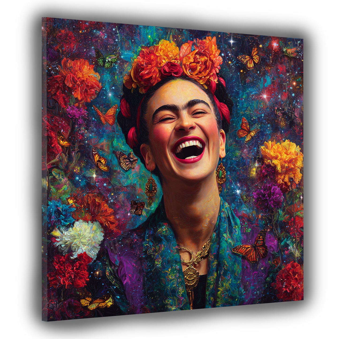 Lachende Frida in galaktischer Farbenpracht Wandbild