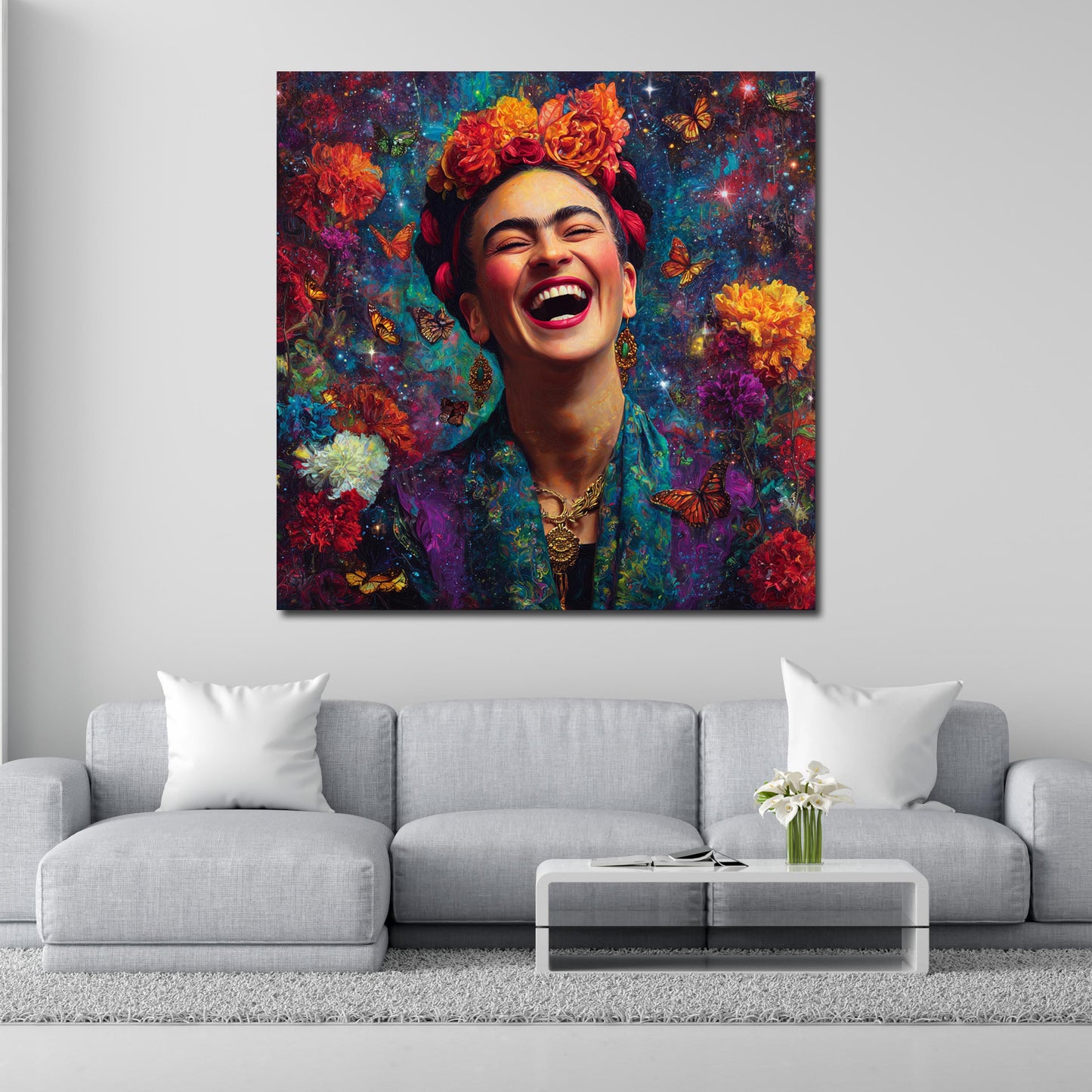 Lachende Frida in galaktischer Farbenpracht Wandbild
