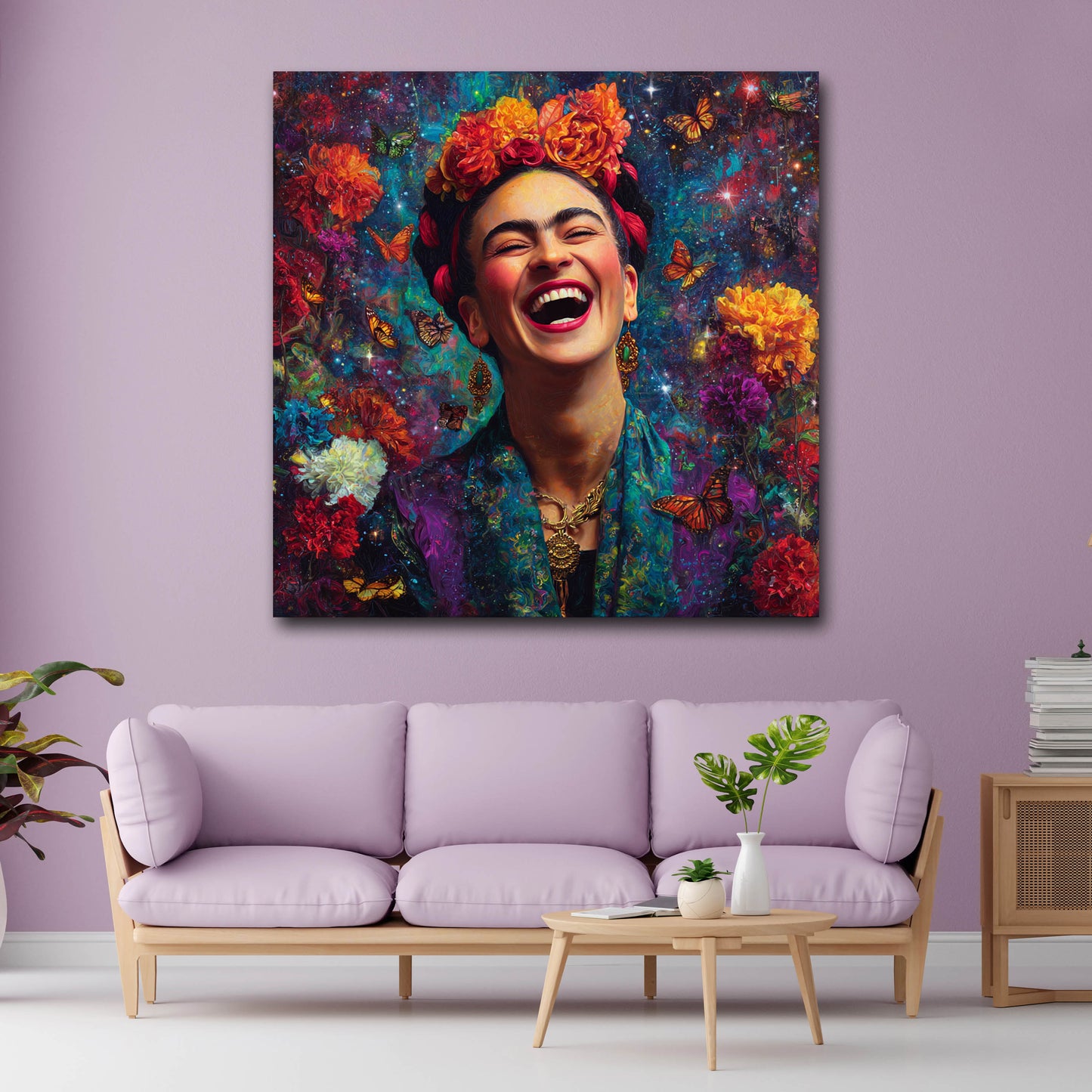 Lachende Frida in galaktischer Farbenpracht Wandbild