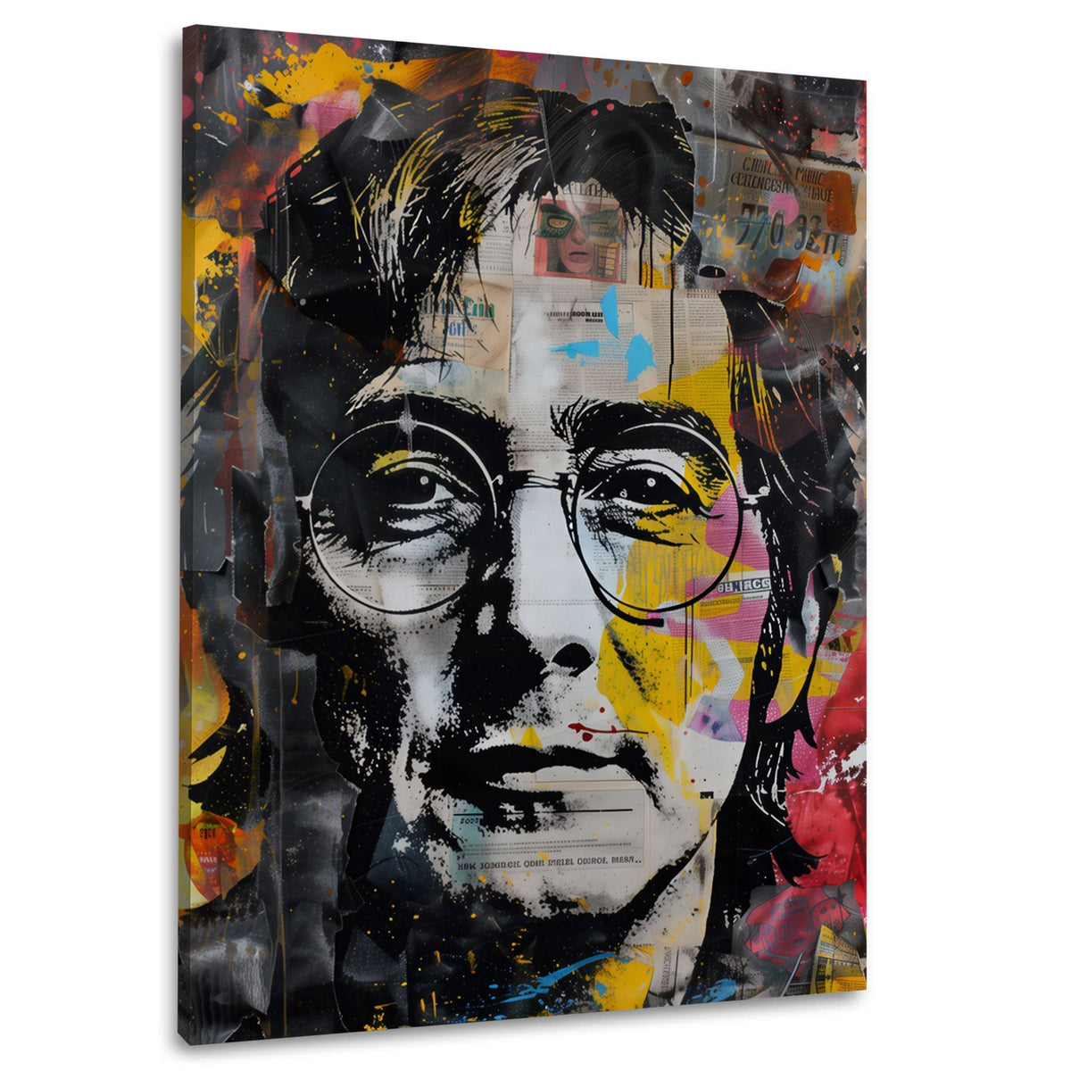 Lennon Porträt in Schwarz-Weiß mit gelben Akzenten als Street-Art-Wandbild