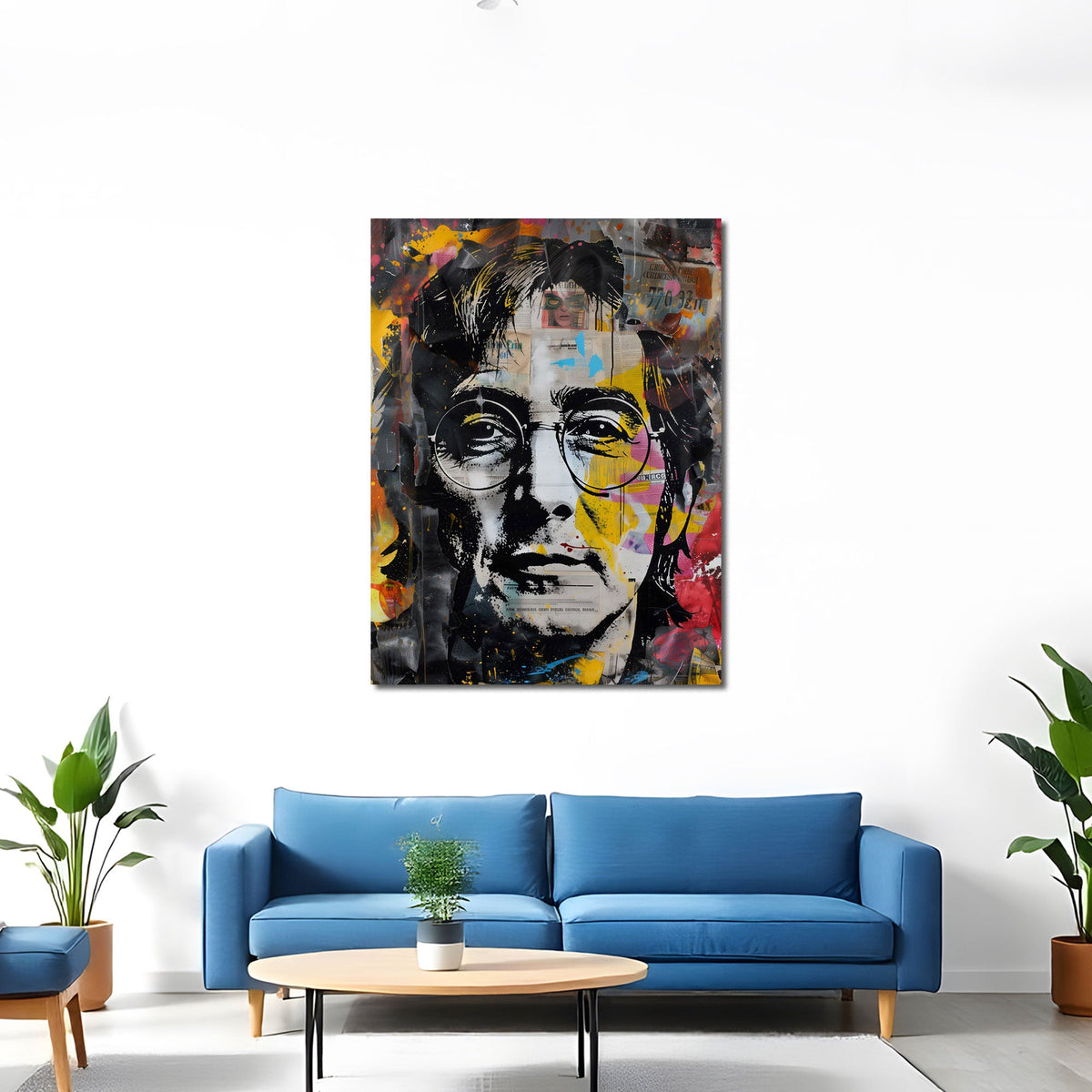 Street-Art-Porträt als Wandbild über dem Sofa im Wohnzimmer