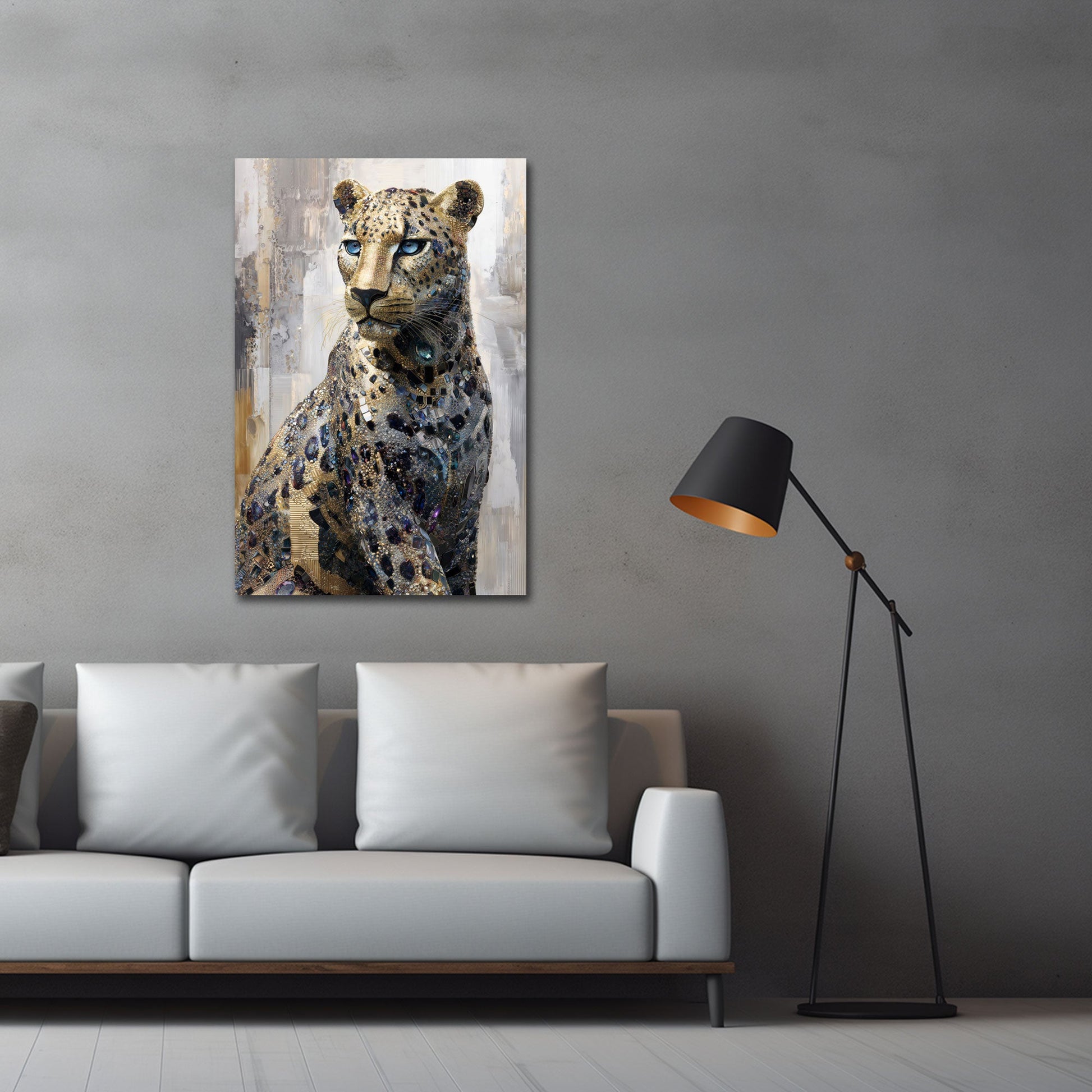 Leopard funkelnde Kristalloptik mit blauen Augen Wandbild