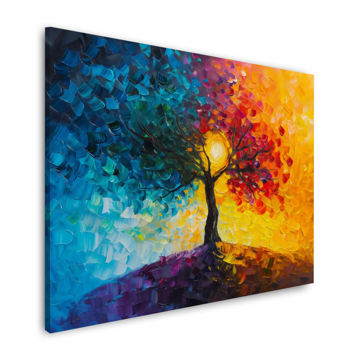 Modernes Wandbild mit leuchtendem Baum in Blau und Gelb