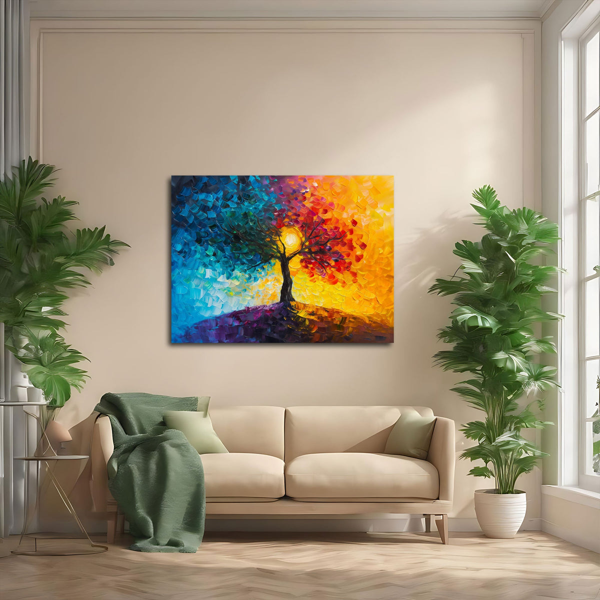 Baum Wandbild in Blau und Gelb über dem Sofa im Wohnzimmer
