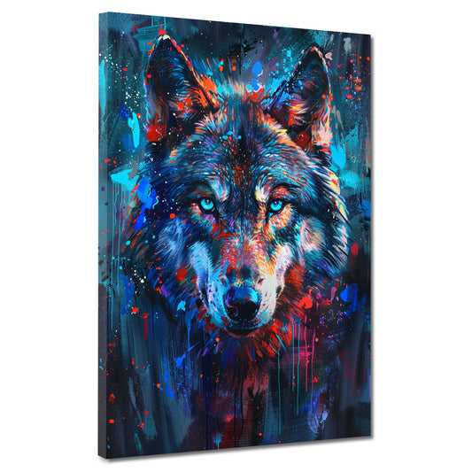 Leuchtender Wolf intensiver Blick Farbexplosion Wandbild