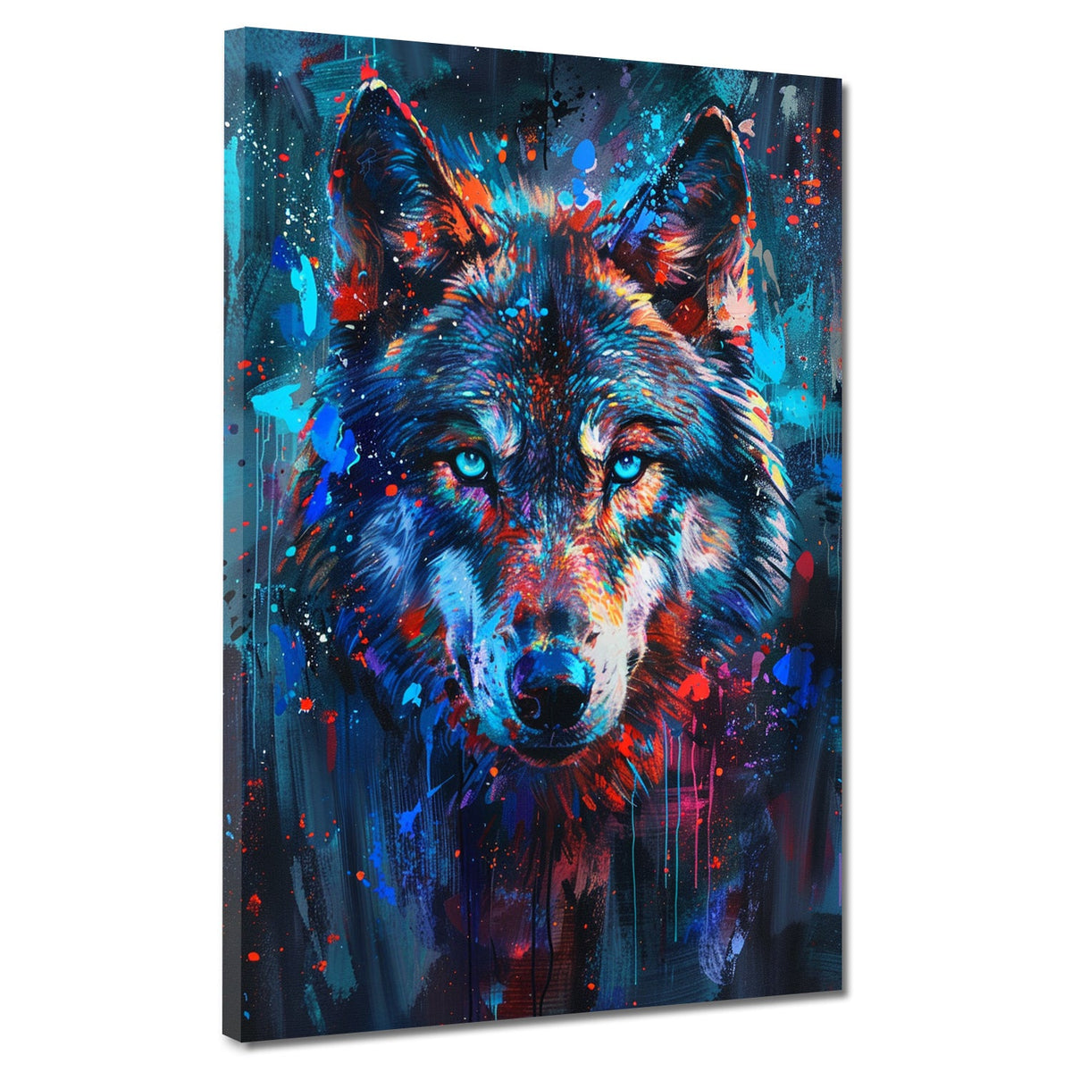 Leuchtender Wolf intensiver Blick Farbexplosion Wandbild