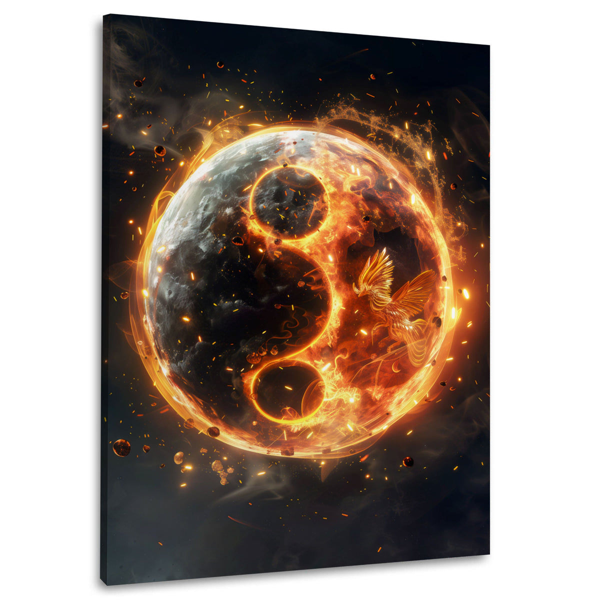 Wandbild leuchtendes Yin Yang aus Feuer mit Phönix im Kosmos auf Leinwand