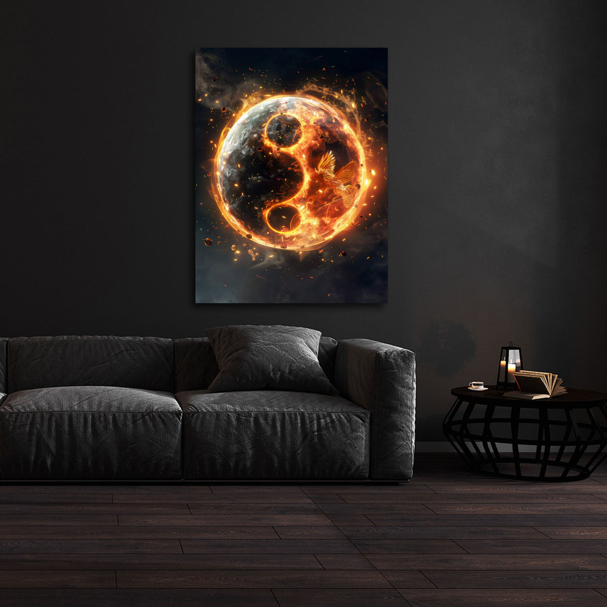 Yin Yang Wandbild im Hochformat im modernen Wohnraum