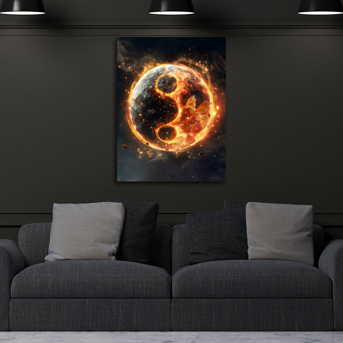 Detailansicht Yin Yang Wandbild mit Lava Phönix und Funken
