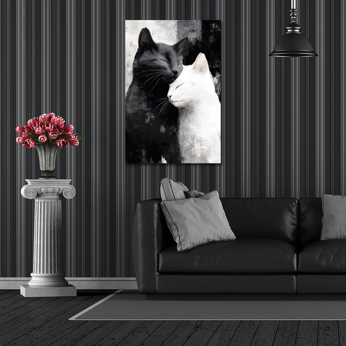 Liebevolle Katzen schwarz weiß in Harmonie Wandbild