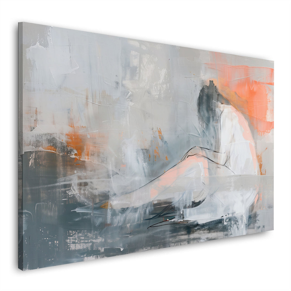 Abstraktes Wandbild mit liegender Frauenfigur in Weiß und Orange