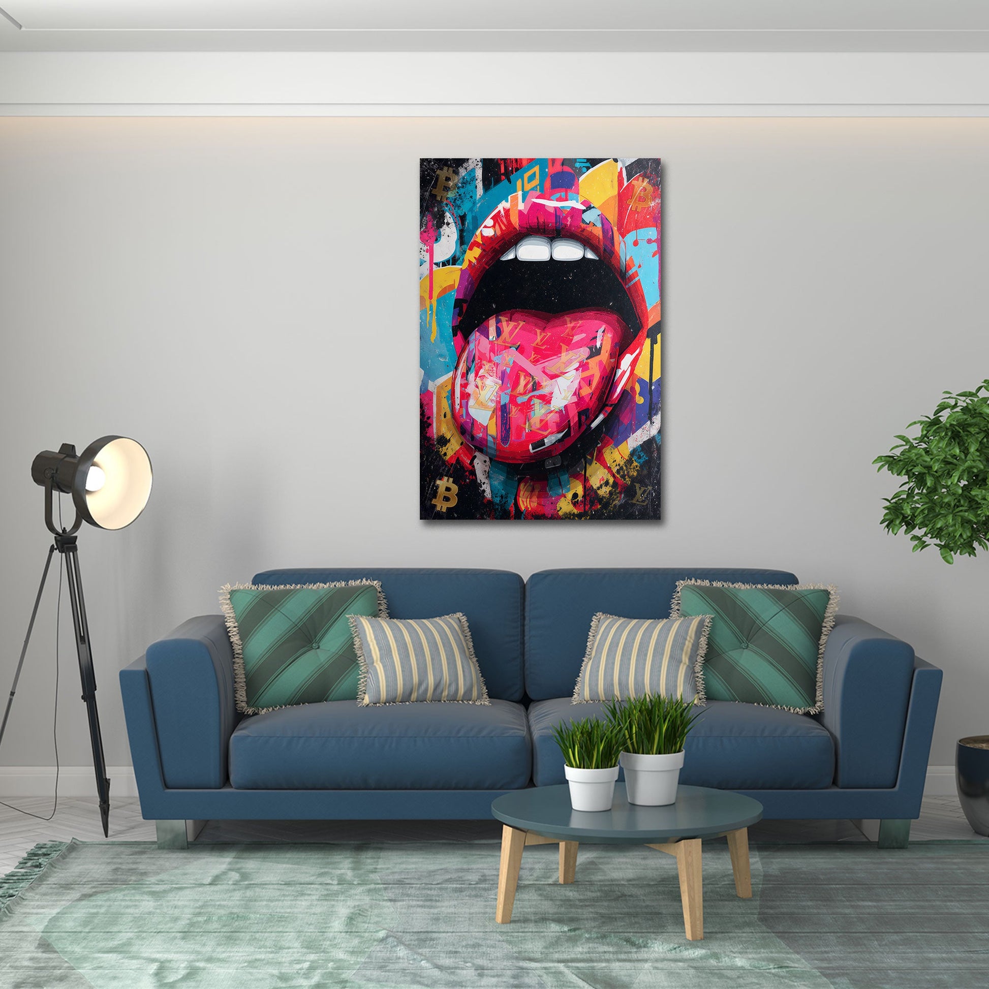 Lippen mit herausgestreckter Zunge in Pop Art Wandbild