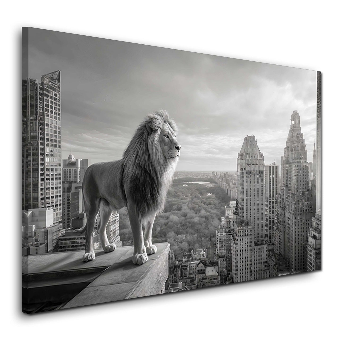 Löwe auf Wolkenkratzer über New York Schwarz-Weiß Wandbild