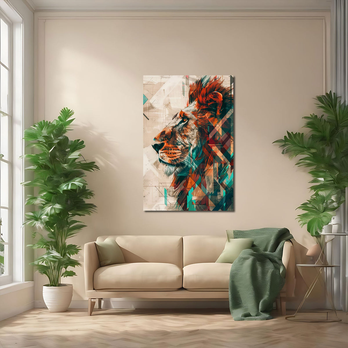 Moderner Löwe in Orange und Petrol als Wandbild im Büro
