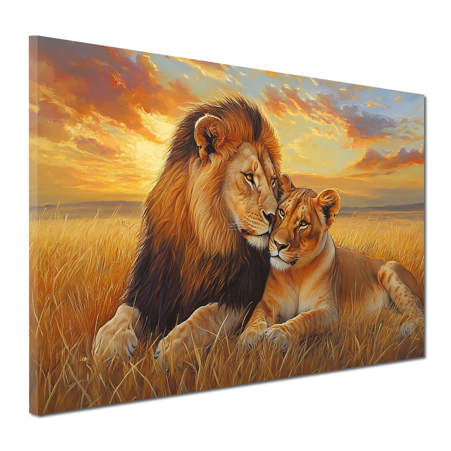 Löwe und Löwin Zuneigung Wildnis Abendstimmung Wandbild