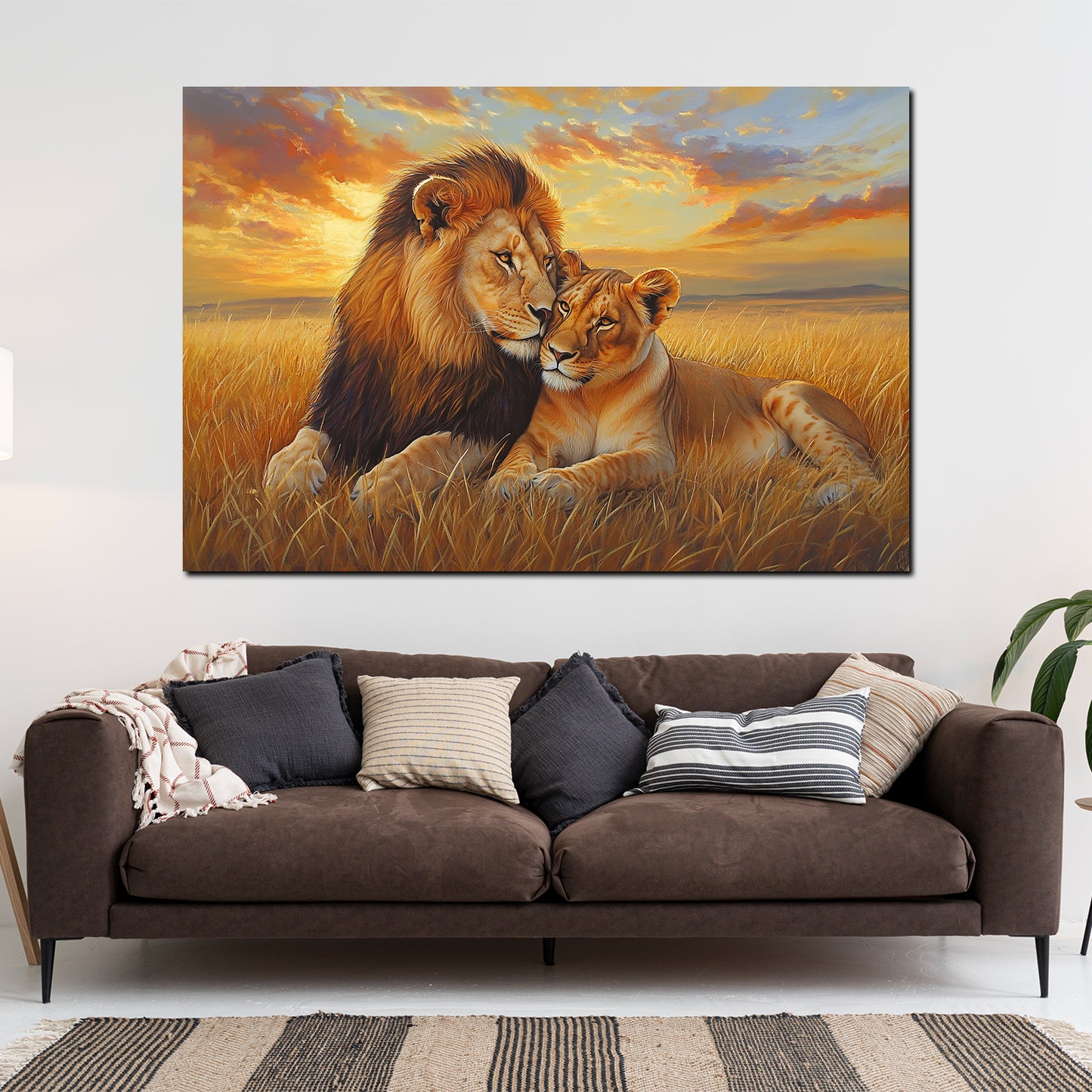 Löwe und Löwin Zuneigung Wildnis Abendstimmung Wandbild