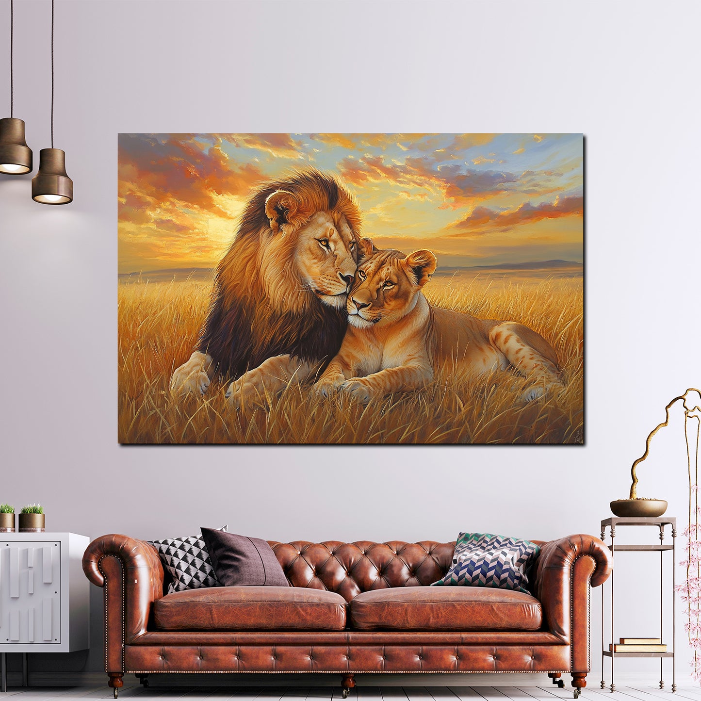 Löwe und Löwin Zuneigung Wildnis Abendstimmung Wandbild