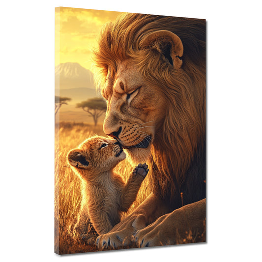Löwenbaby mit Vater innige Tierliebe Wildnis Wandbild