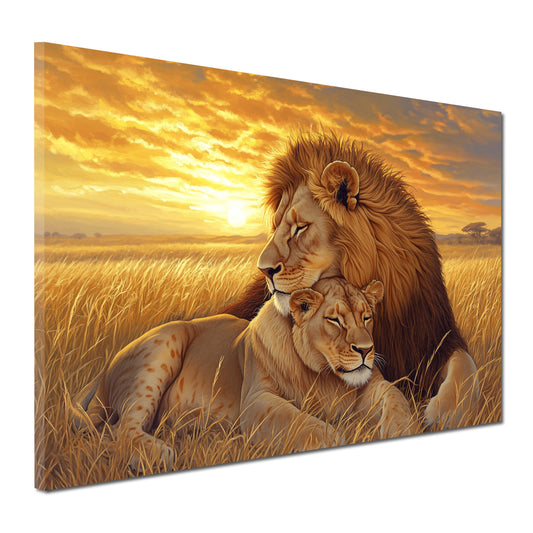 Löwenpaar im Sonnenuntergang Liebe Natur Wandbild