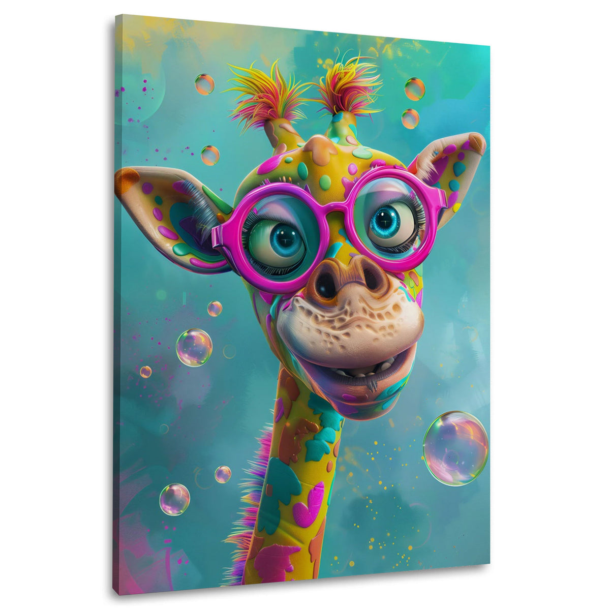 Lustige Giraffe mit pinker Brille und Seifenblasen als buntes Wandbild