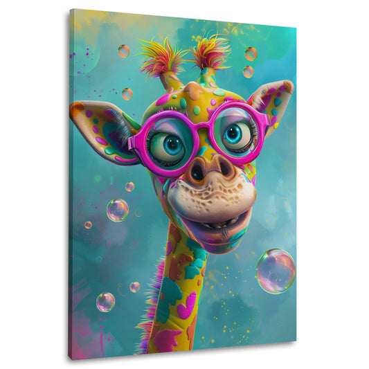 Lustige Giraffe mit pinker Brille und Seifenblasen als buntes Wandbild