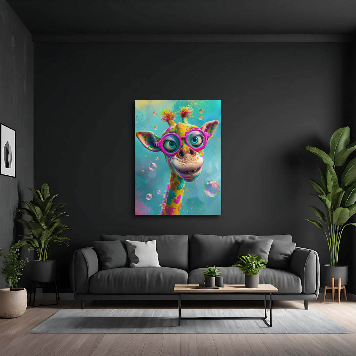 Fröhliche Comic-Giraffe als Wandbild über dem Sofa