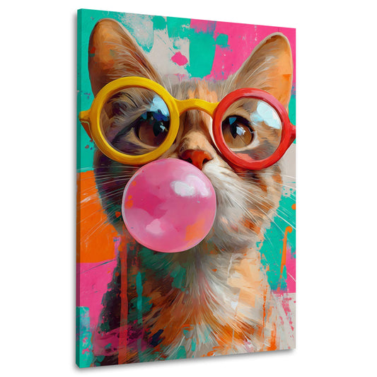 Lustige Katze mit Kaugummi und Retrobrille Pop Art Wandbild