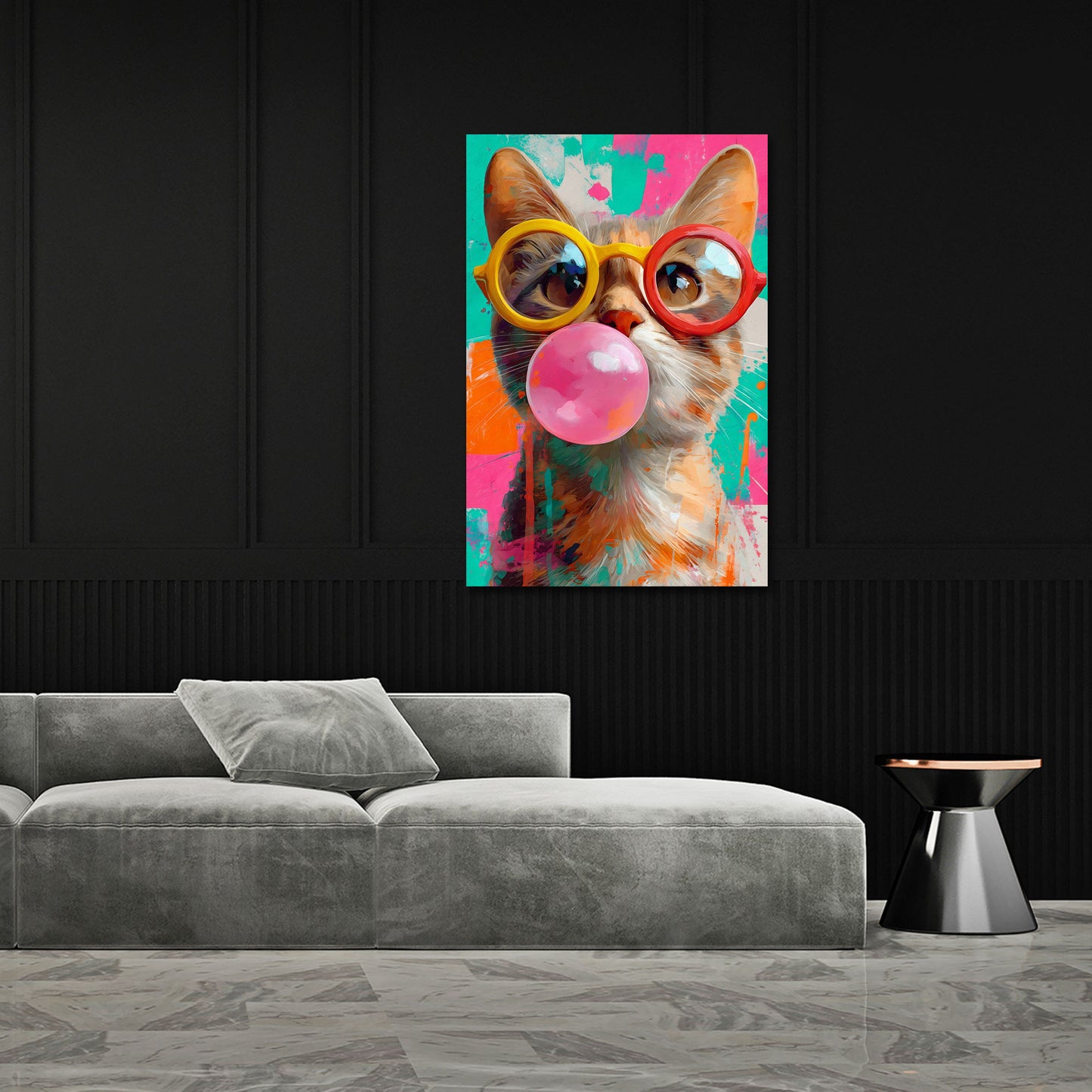 Lustige Katze mit Kaugummi und Retrobrille Pop Art Wandbild