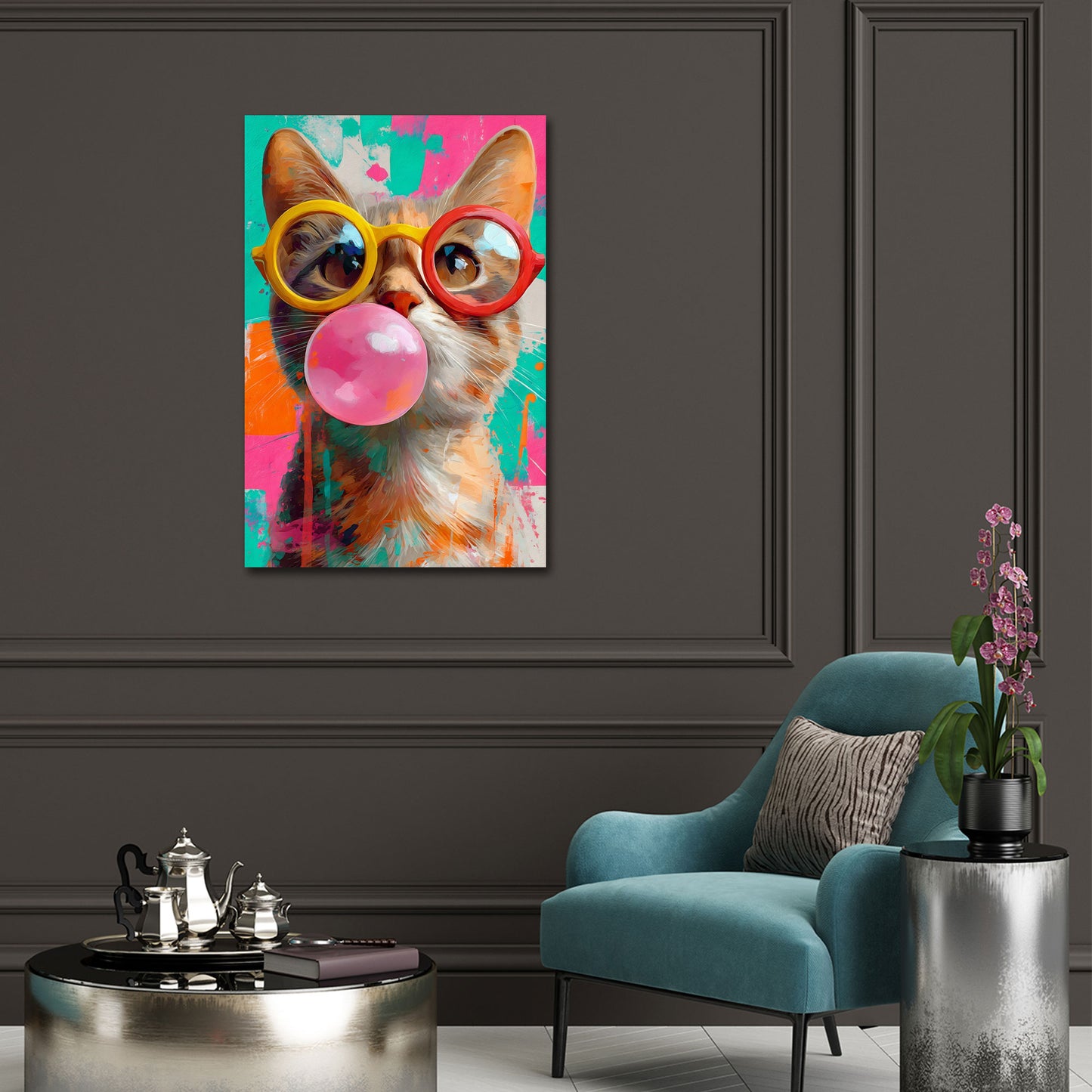 Lustige Katze mit Kaugummi und Retrobrille Pop Art Wandbild